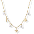 PAVOI 14K Gold Plated Beach Charm Necklace for Women - Dainty Paperclip Chain Trendy Beachy Multi Charm Necklace - Gold Ocean Summer Jewelry with Freshwater Pearl, Sea Shell, Starfish