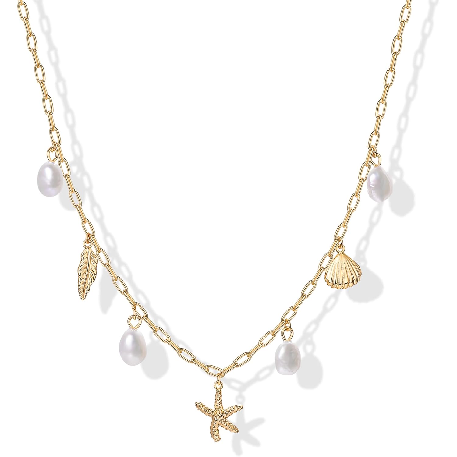 PAVOI 14K Gold Plated Beach Charm Necklace for Women - Dainty Paperclip Chain Trendy Beachy Multi Charm Necklace - Gold Ocean Summer Jewelry with Freshwater Pearl, Sea Shell, Starfish