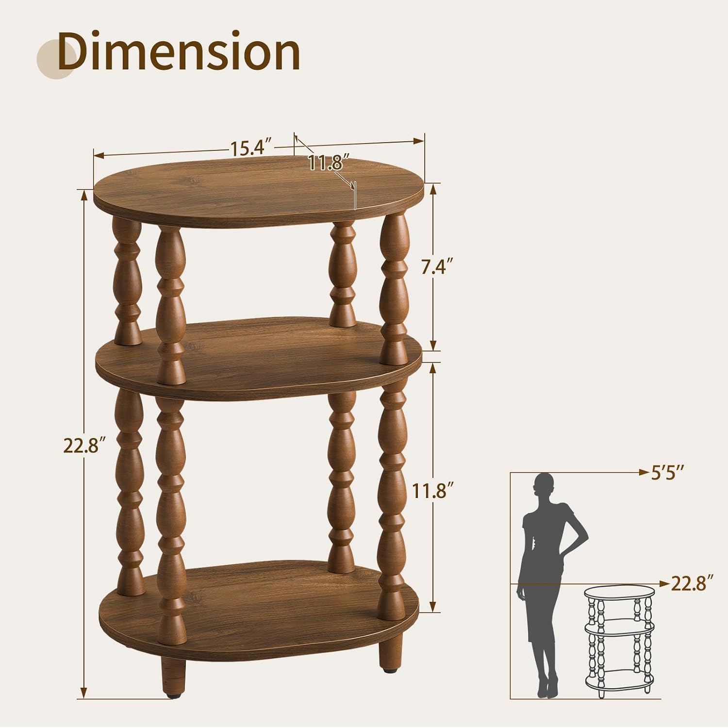Yoobure 3-Tier Small Side Table - Oval End Table With Vintage Spindle Legs, Accent Night Stand With Storage Shelf For Narrow Spaces, Wood Nightstand Bedside Table For Living Room, Bedroom, Walnut