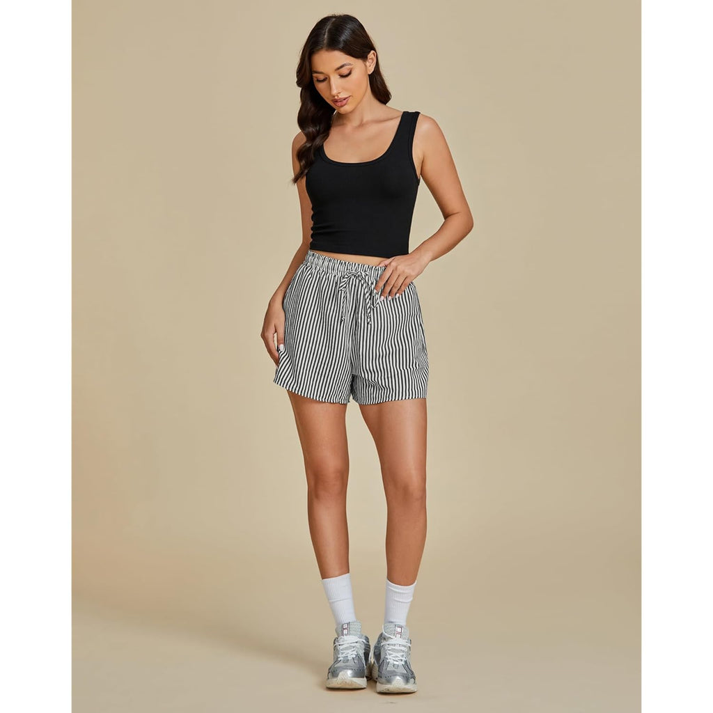 Striped Shorts for Women High Waisted Beach Casual Drawstring Pull On Elastic Waist Summer Shorts with Pockets