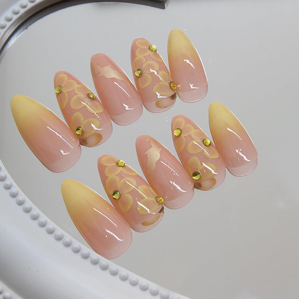 24 Pcs Almond Press on Nails Medium Fake Nails with Glue Artificial False Nails with 3D Flower Charms Design Acrylic Nails Press ons Stiletto Nail Tips Summer Glue on Nails Stick on Nails for Women
