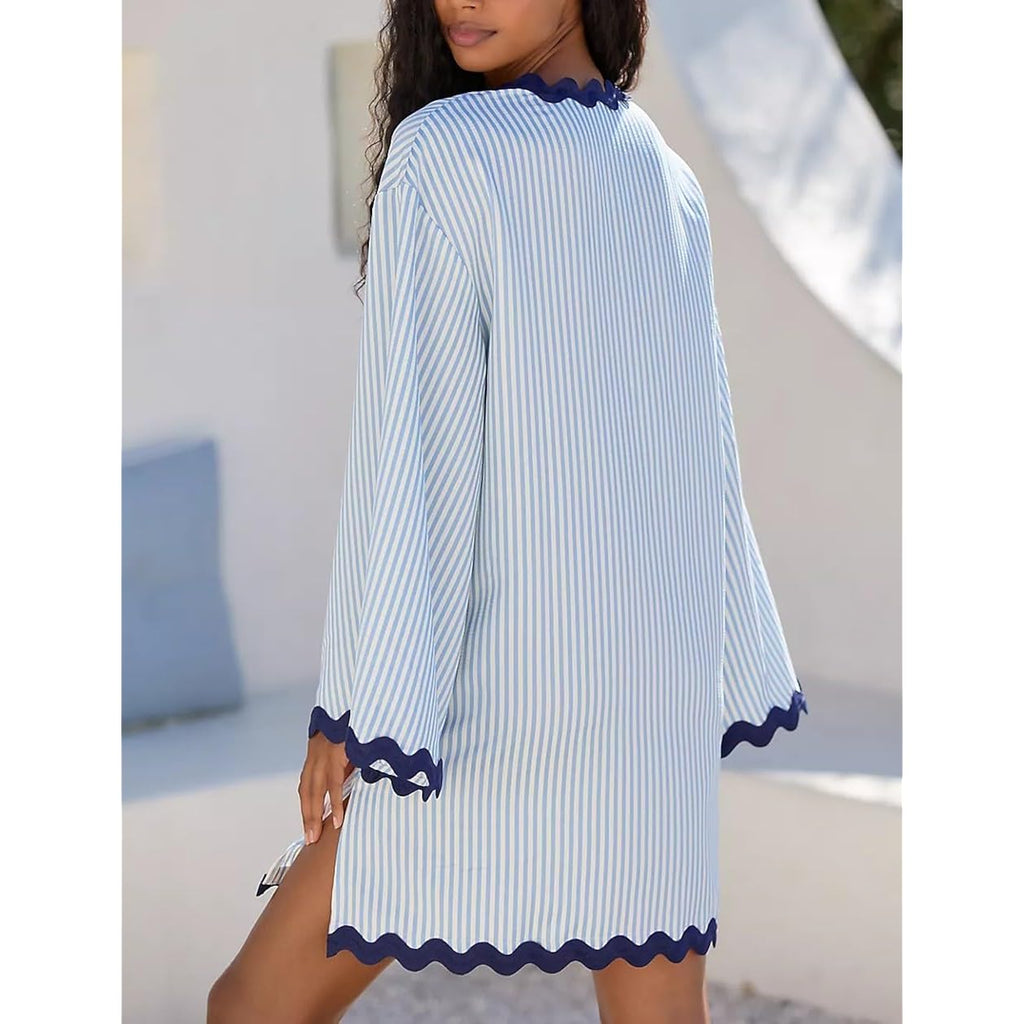 Vaoyiu Women'S Boho Striped V-Neck Dress Flowy Bell Sleeves Cover Up With Wavy Trim Beach Resort Kaftan Style