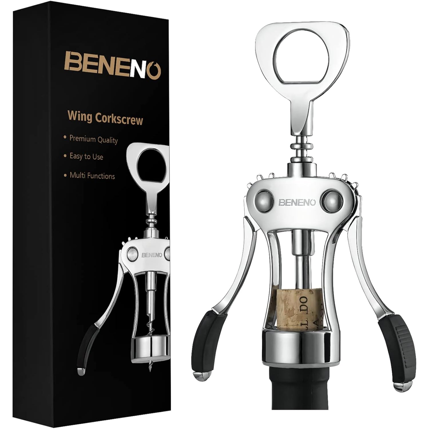 Beneno Wine Opener, Zinc Alloy Premium Wing Corkscrew With Multifunctional Bottles Opener, Sharp Wine Corkscrew With Ergonomic Non-Slip Wing Handle, Silver