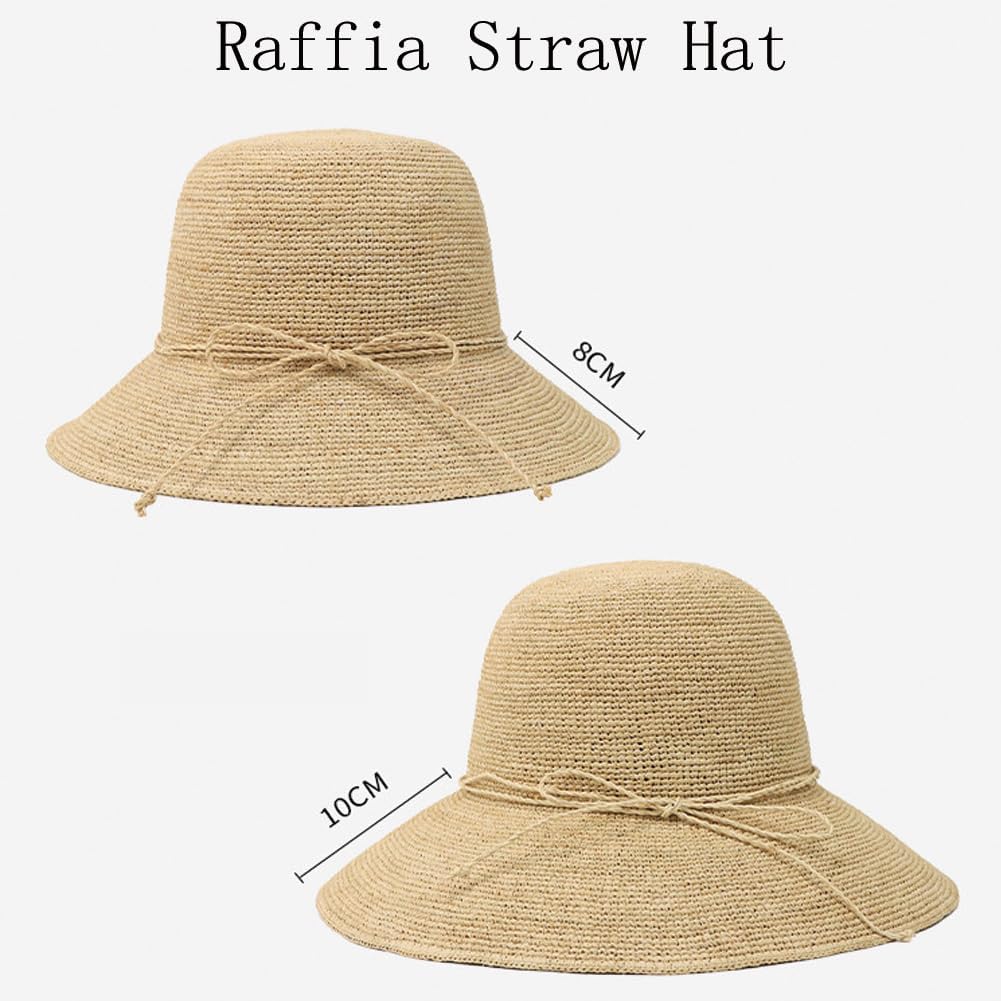 Women'S Raffia Straw Hat Summer Beach Bucket Hat Handmade Natural Raffia Woven Sun Hats Foldable Floppy Cap