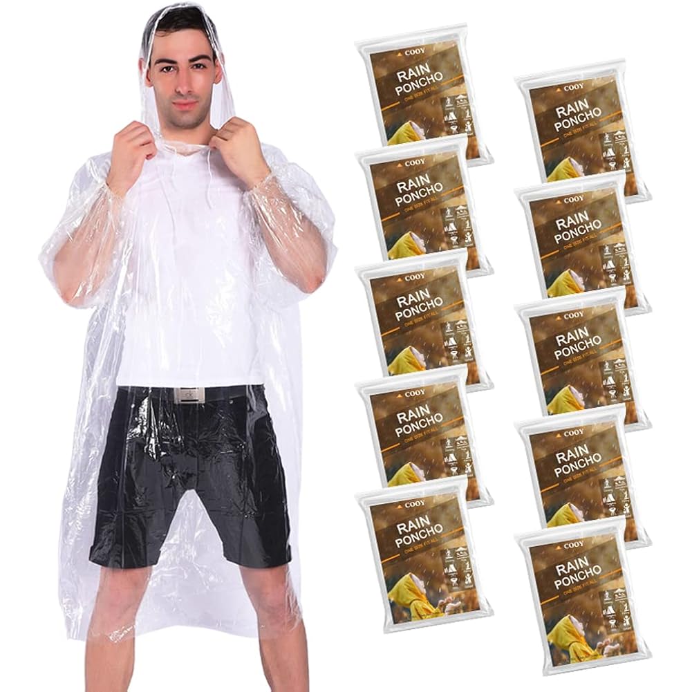 Cooy Rain Ponchos,With Drawstring Hood （10 Pack） Emergency Disposable Rain Ponchos Family Pack For Adults,Clear