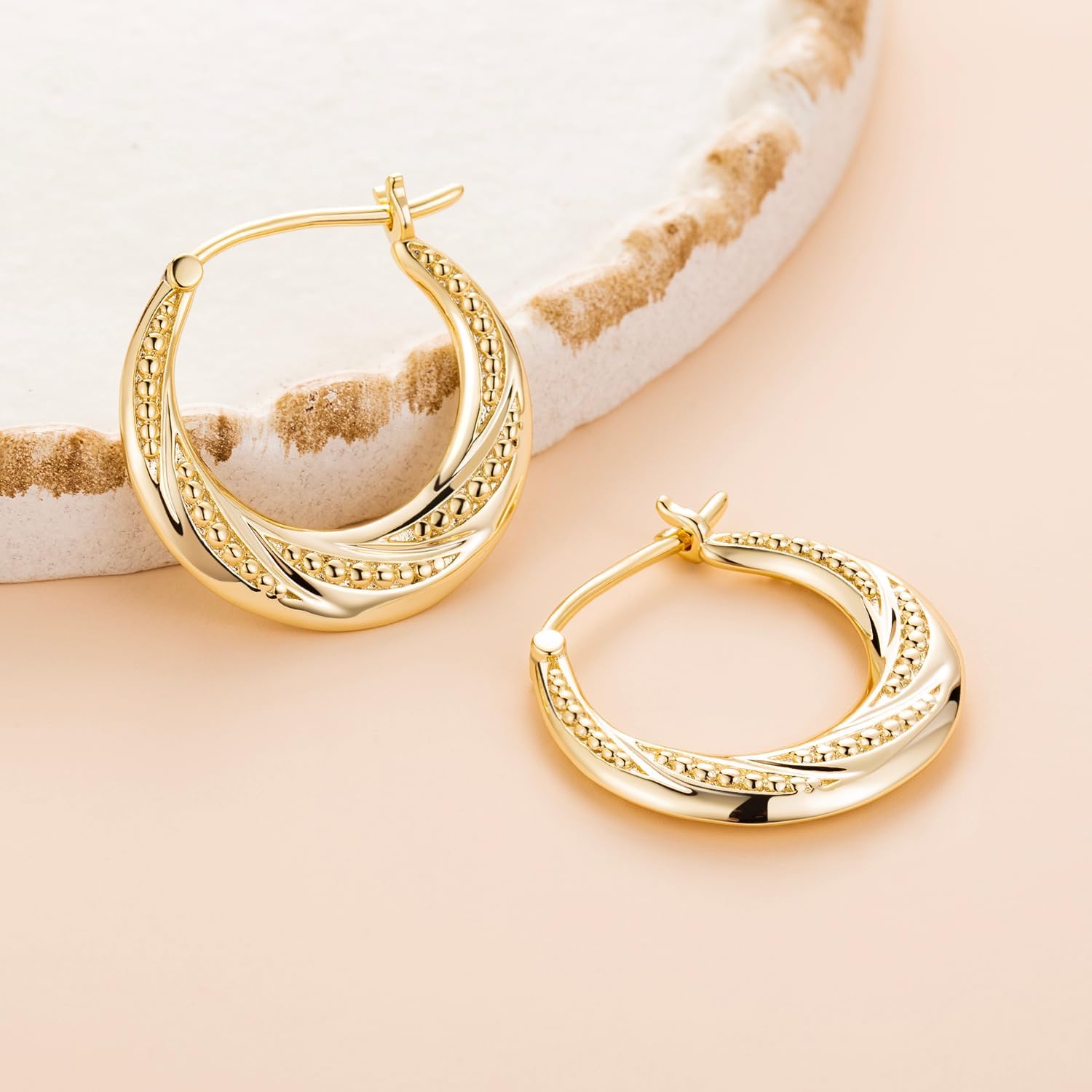 14K Gold Earrings for Women 14K Gold Hoop Earrings for Women Hoop Earring for Womens Hoops Rotating Small Ball Design Comfortable Hoops Earring for Womens 22/25mm