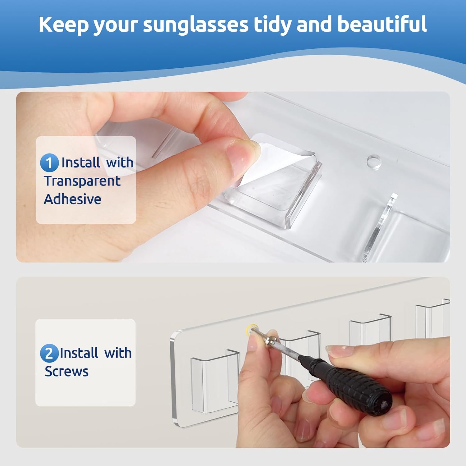 Sunglasses Organizer 2 Pack, Wall Glasses Holder, Acrylic Sunglasses Display, Eyeglass Organizer For Multiple Glasses For Office & Home Decor, Unique Gifts For Husband, Women & Girls, Clear