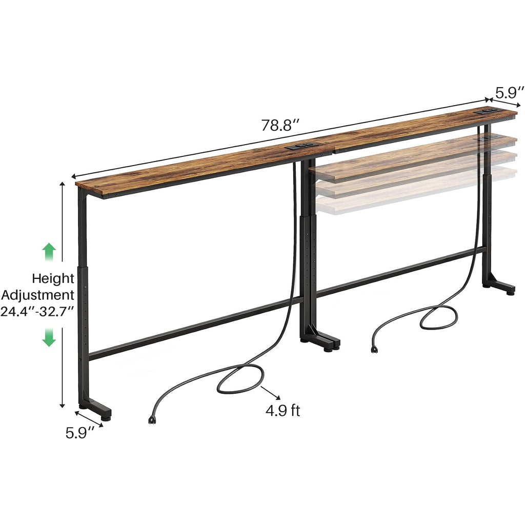 Kitstorack 2-Pack Narrow Console Table With Adjustable Height (25"-33") & 2 Power Outlets, Skinny Behind Couch Table, 78.8" Long X 5.9" Wide Sofa Side Table For Living Room, Rustic Brown