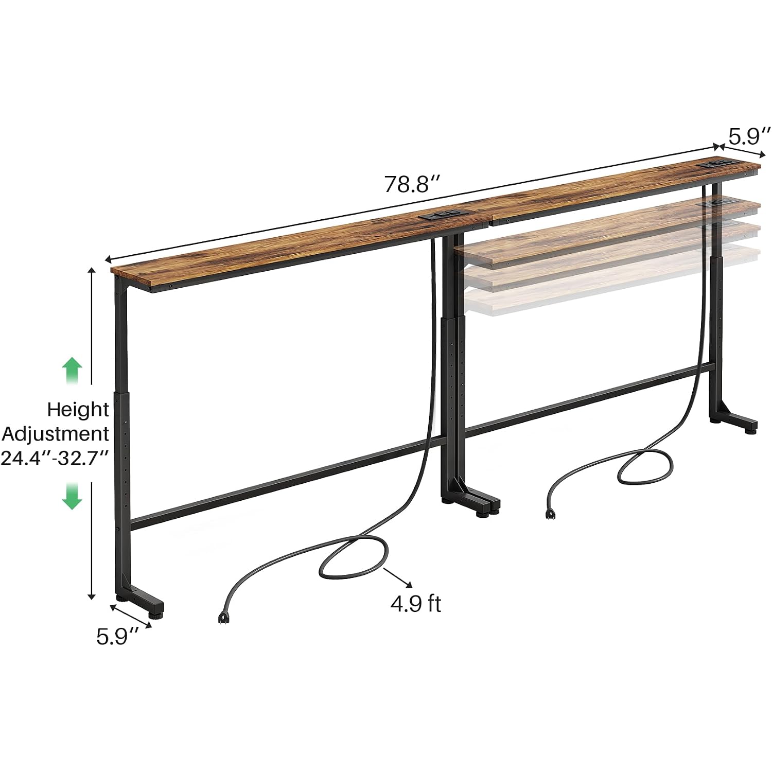 Kitstorack 2-Pack Narrow Console Table With Adjustable Height (25"-33") & 2 Power Outlets, Skinny Behind Couch Table, 78.8" Long X 5.9" Wide Sofa Side Table For Living Room, Rustic Brown