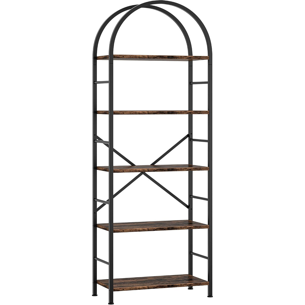 Shintenchi Bookshelf, Arched Bookshelf 5 Tier Bookcase, Tall Shelf For Cds/Books, Home Office Shelf Storage Organizer, Modern Book Shelf For Bedroom/Living Room, Rustic Brown