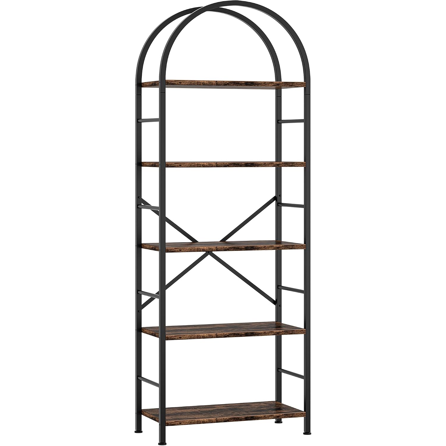Shintenchi Bookshelf, Arched Bookshelf 5 Tier Bookcase, Tall Shelf For Cds/Books, Home Office Shelf Storage Organizer, Modern Book Shelf For Bedroom/Living Room, Rustic Brown