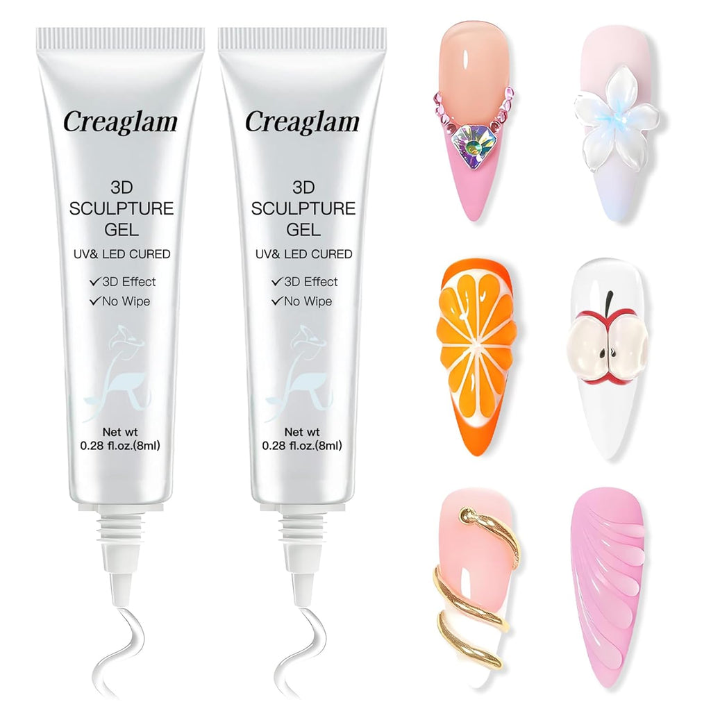 Creaglam 3D Nail Gel Art: 2pcs 16ML Sculpting Gel Nail Glue for Carving Patterns Decoration - Chrome Nail Powder and DIY Nail Charms - 4 in 1 Clear No Wipe Gel Nail Polish Rhinestone Nail Art Glue