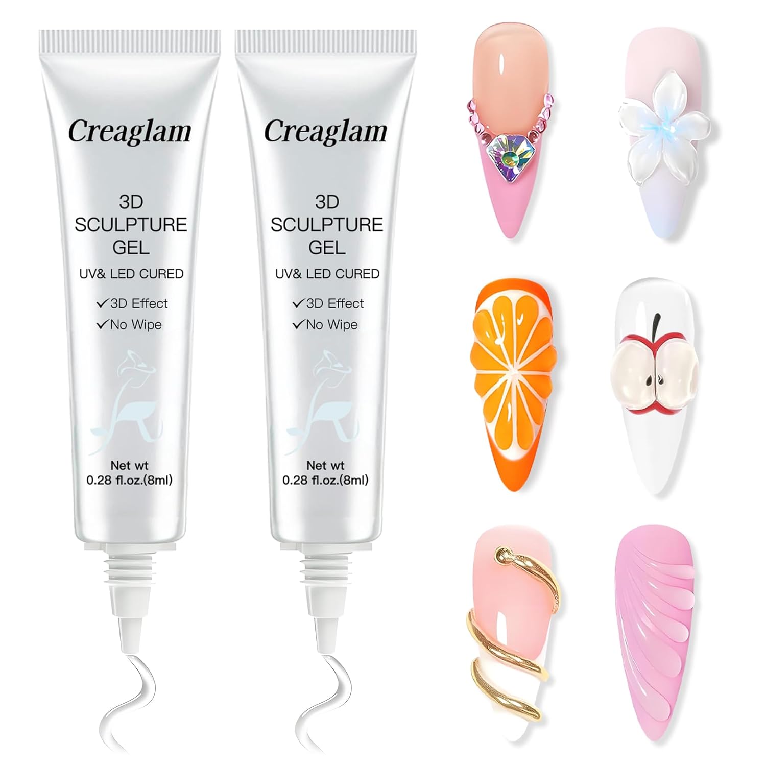 Creaglam 3D Nail Gel Art: 2pcs 16ML Sculpting Gel Nail Glue for Carving Patterns Decoration - Chrome Nail Powder and DIY Nail Charms - 4 in 1 Clear No Wipe Gel Nail Polish Rhinestone Nail Art Glue