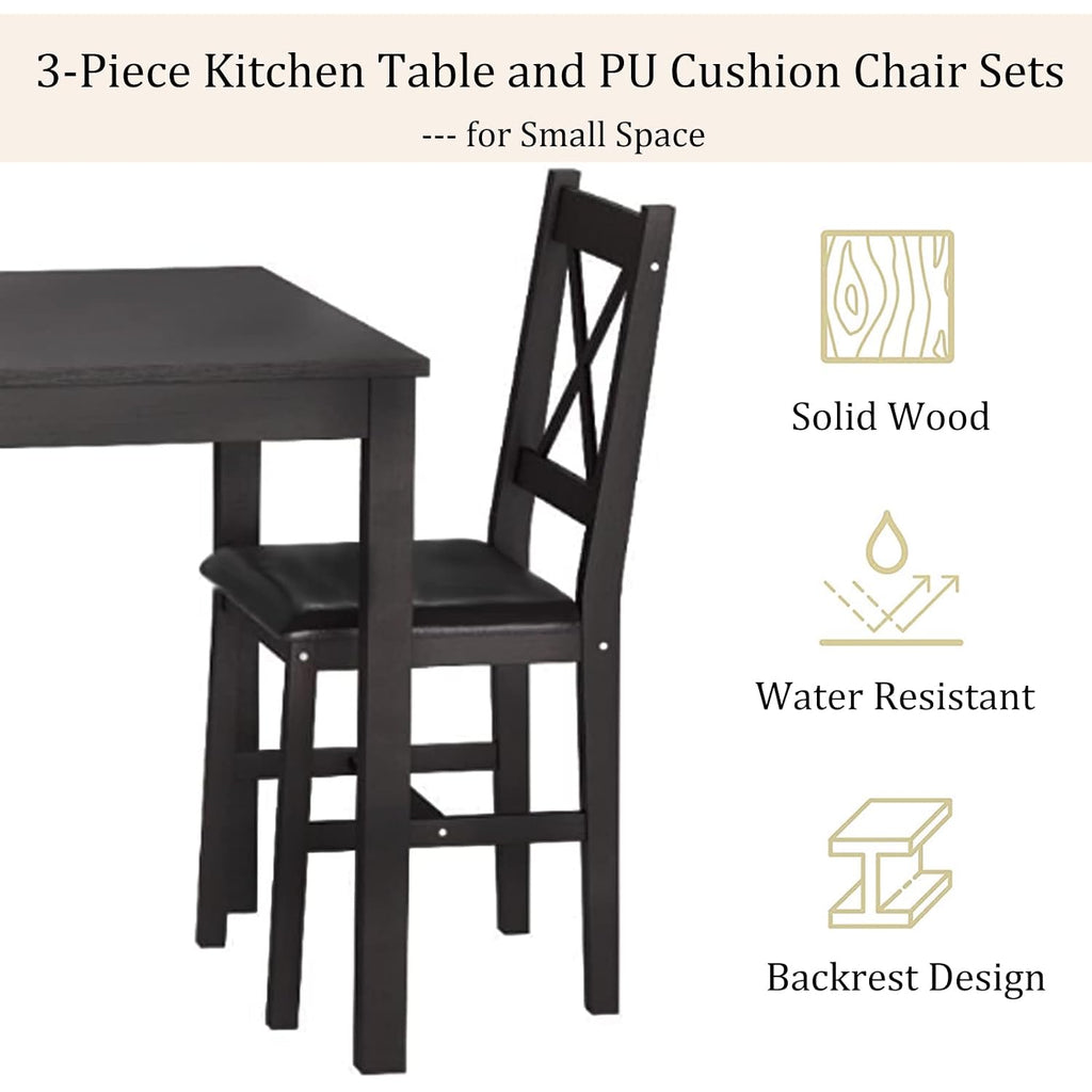 3-Piece Solid Wood Kitchen Table Set For 2 | Pine Dining Table With Upholstered Chairs | Space-Saving Design | Smooth Easy-To-Clean Surface | For Dining Room, Apartment, Restaurant, Dark Brown