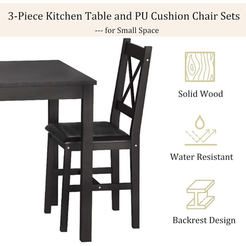 3-Piece Solid Wood Kitchen Table Set For 2 | Pine Dining Table With Upholstered Chairs | Space-Saving Design | Smooth Easy-To-Clean Surface | For Dining Room, Apartment, Restaurant, Dark Brown