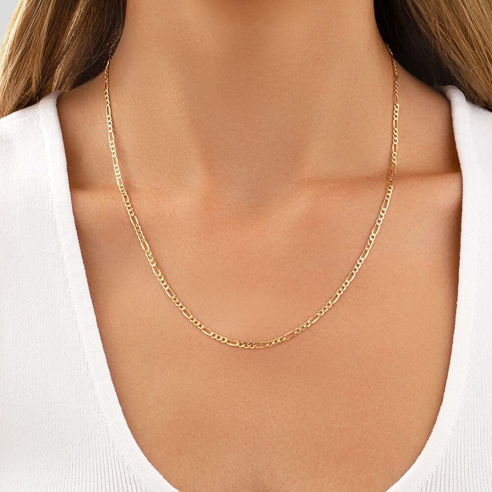 SHOP WGS 14K Solid Yellow Gold Figaro Chain for Men Women Diamond Cut 2mm (1.6gm to 1.88gm), 3.5mm (3.5gm to 4.5gm) & 6.5mm (10.5gm to 14gm) with Lobster Claw Clasp Jewelry