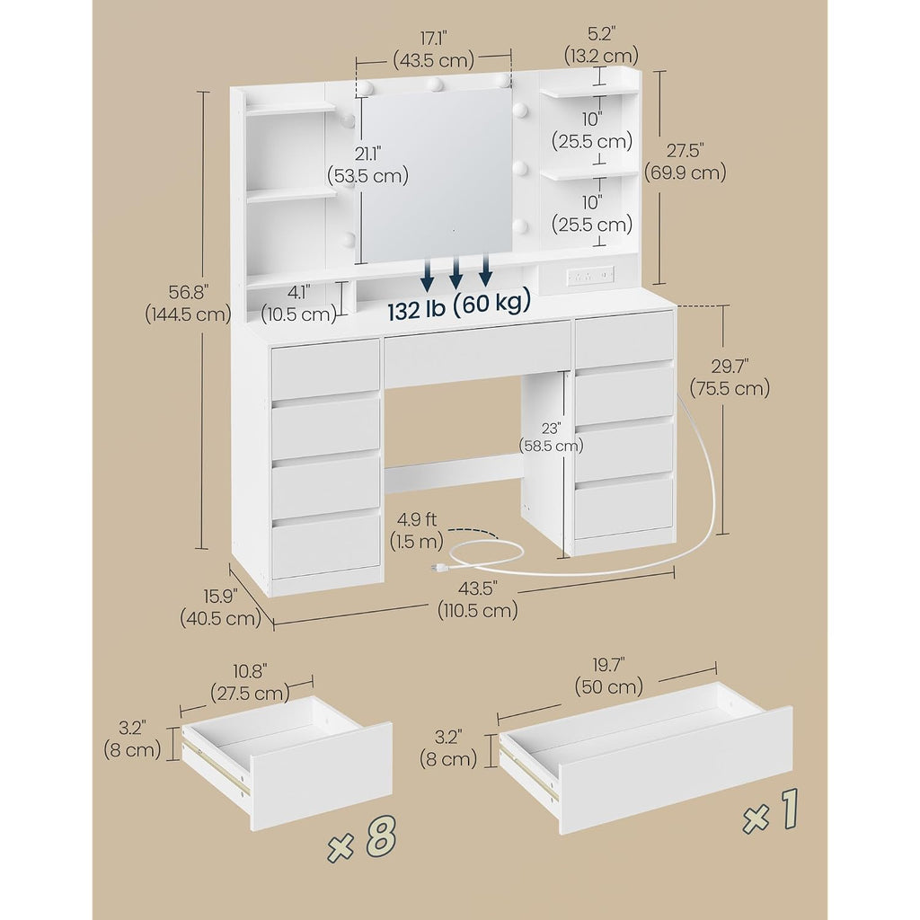 Songmics Home Vanity Desk With Mirror And Lights, Makeup Vanity Table With Power Outlets, 9 Drawers Storage Dressing Table For Bedroom, White