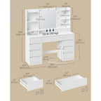 Songmics Home Vanity Desk With Mirror And Lights, Makeup Vanity Table With Power Outlets, 9 Drawers Storage Dressing Table For Bedroom, White