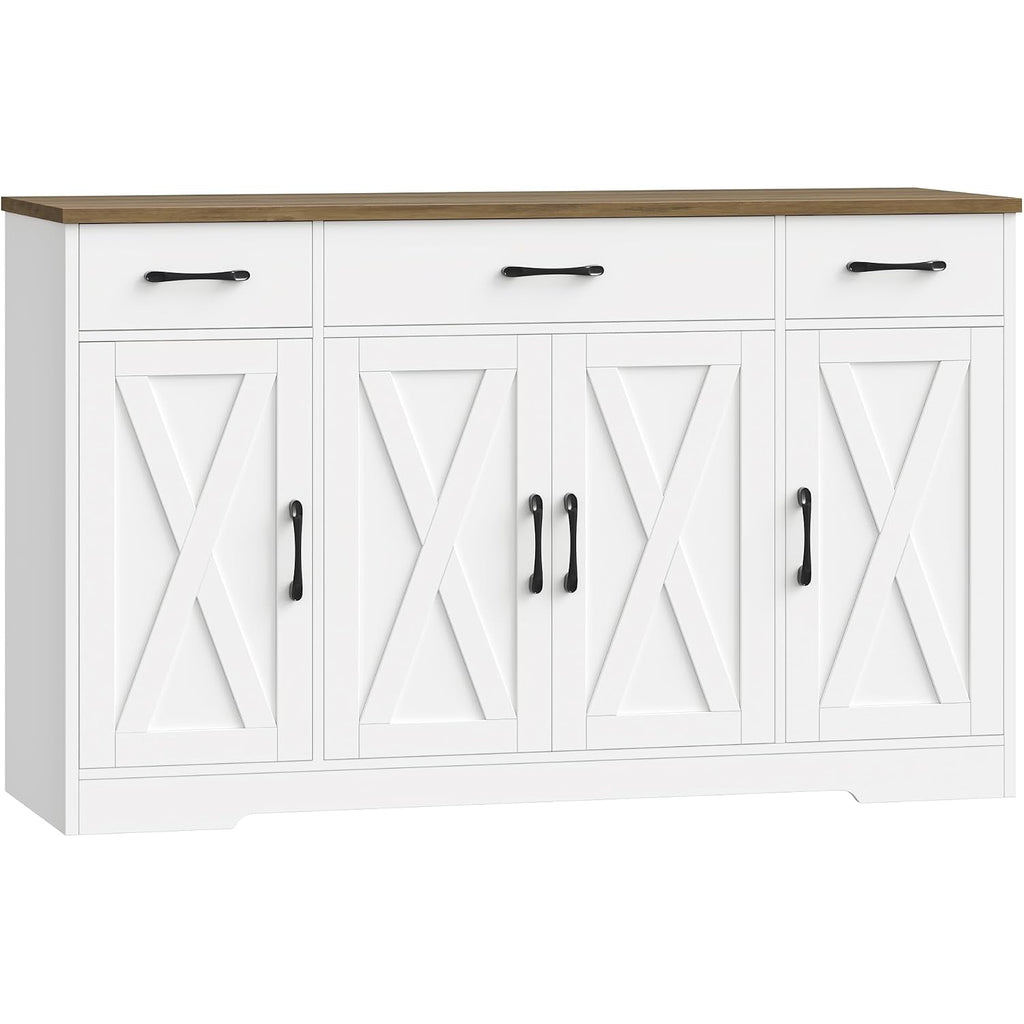 Hostack Kitchen Buffet Sideboard Storage Cabinet, Coffee Bar Cabinet, White | 55"W Farmhouse Kitchen Cabinet With Doors And Adjustable Shelves, Buffet Cabinet With 3 Large Drawers For Dining Living Room