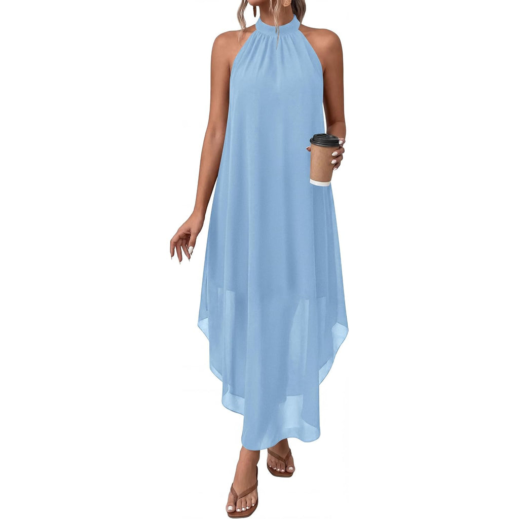 Prettygarden Summer Wedding Guest Dresses For Women 2026 Spring Long Flowy Halter Maxi Asymmetrical Beach Vacation Sundress