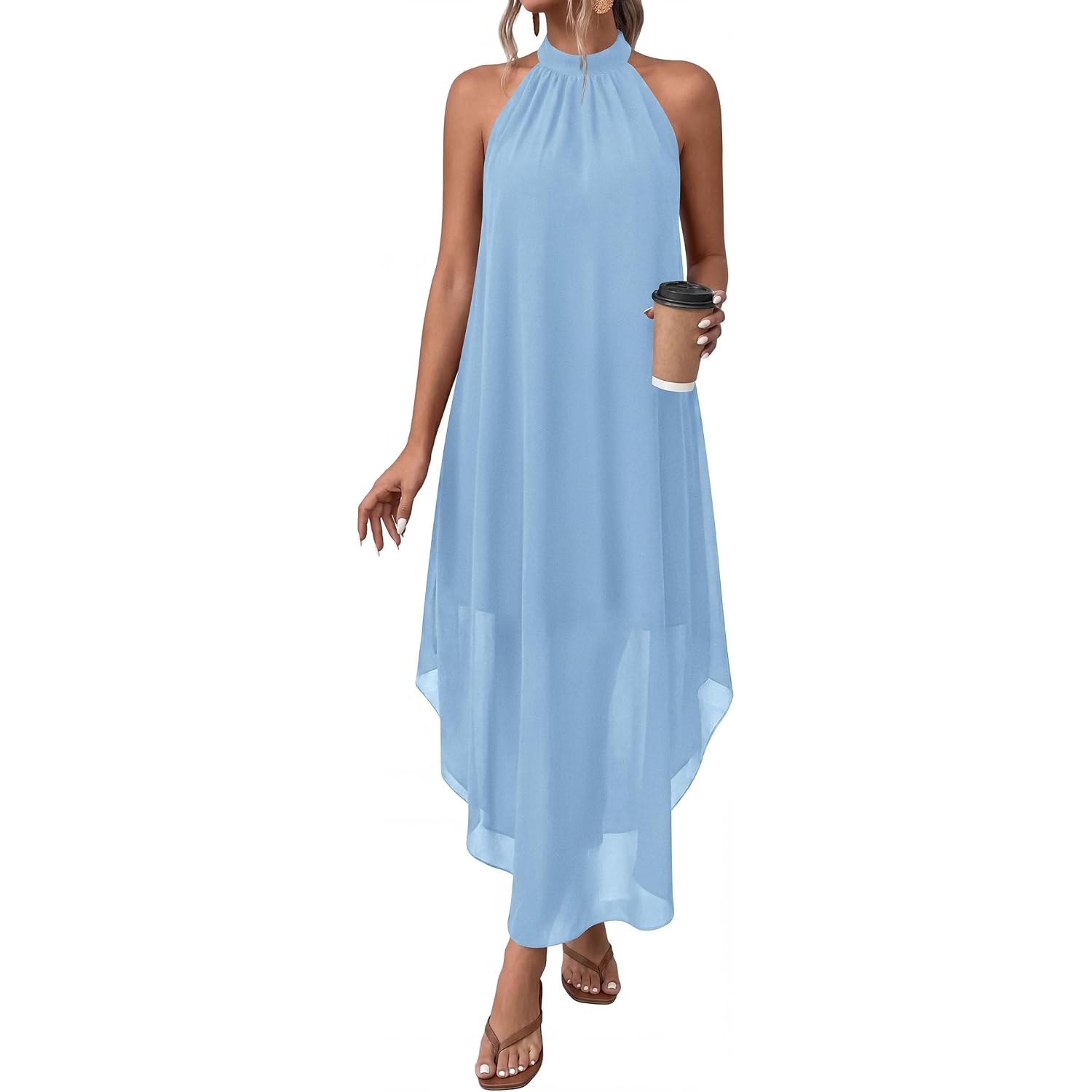 Prettygarden Summer Wedding Guest Dresses For Women 2026 Spring Long Flowy Halter Maxi Asymmetrical Beach Vacation Sundress