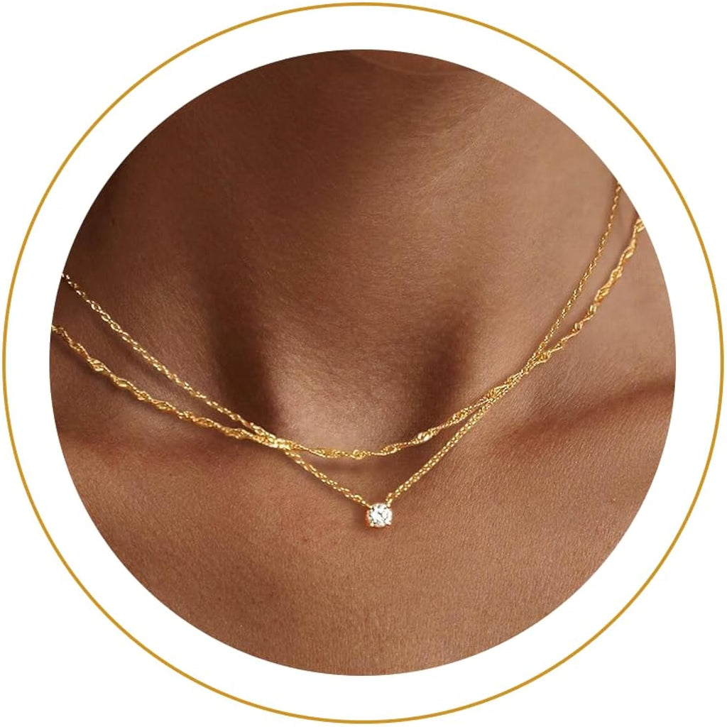 NECOCY Layered Gold Necklaces for Women, Dainty Layered Necklace 14k Gold Plated/Silver Cubic Zirconia Necklace Stack, Simple CZ Jewelry Trendy Gifts for Women