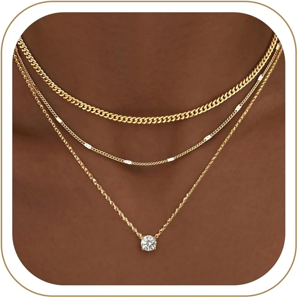 WomenGifts Layered Gold Necklaces for Women, 14K Gold Sterling Silver Plated Dainty Pendant Necklace Set Non Tarnish, Chunky Stackable Cuban Chain Choker, Trendy Personalized Birthstone Jewelry Gift for Mom