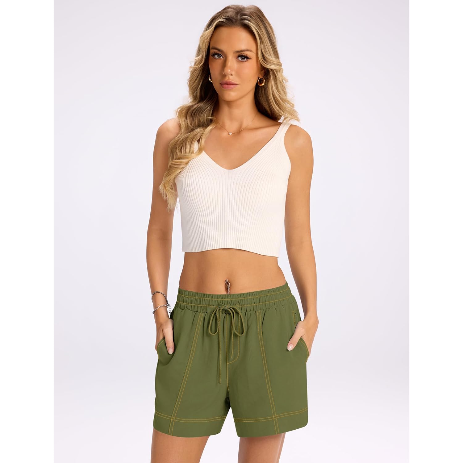 Women's Casual Linen Shorts Elastic Waisted Drawstring Summer Shorts with Pockets