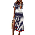 Dokotoo Womens Summer Casual Trendy 2026 Short Sleeve Maxi Dress Striped Split Vacation Color Block T Shirt Dress