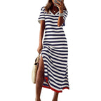 Dokotoo Womens Summer Casual Trendy 2026 Short Sleeve Maxi Dress Striped Split Vacation Color Block T Shirt Dress