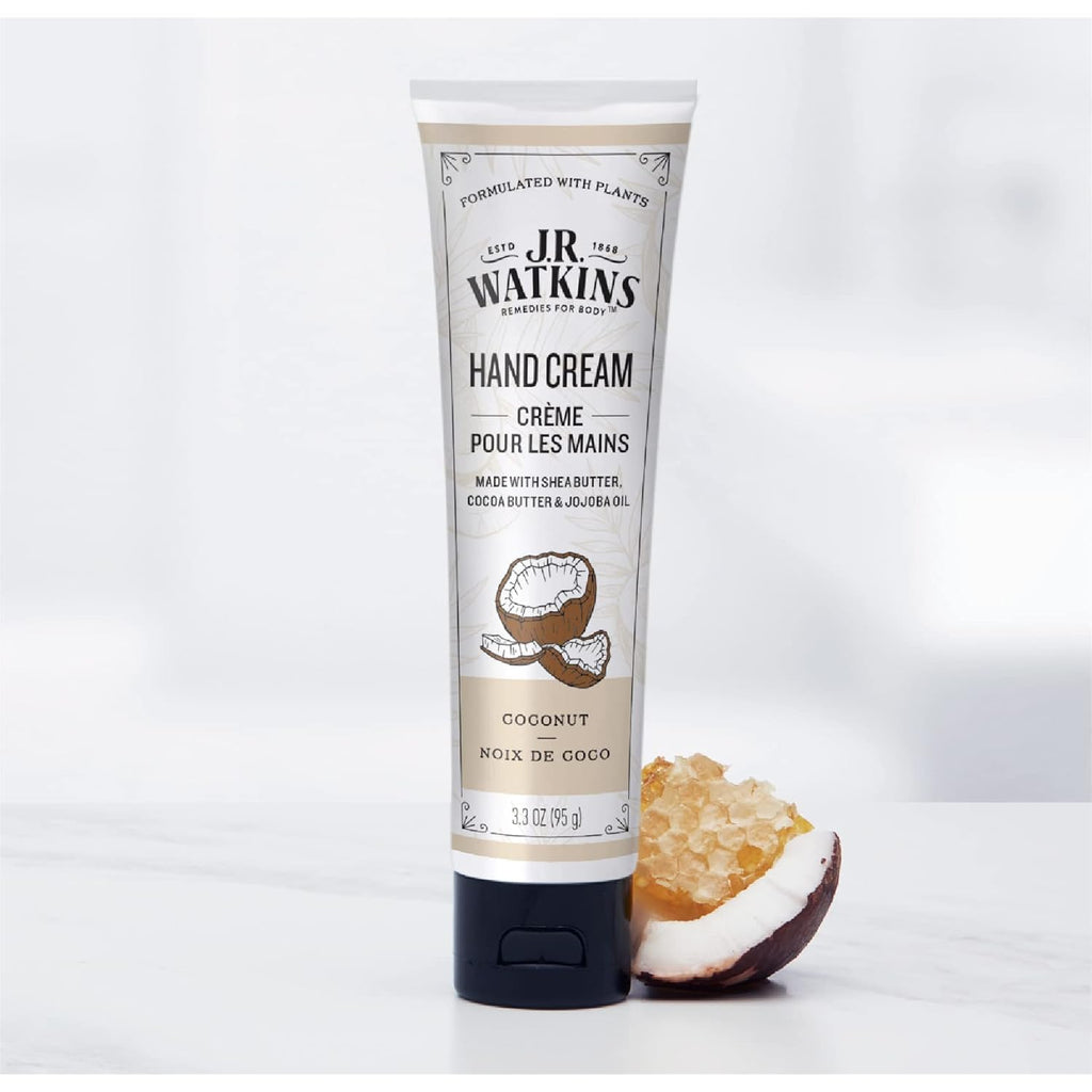 J.R. Watkins Natural Moisturizing Hand Cream, Hydrating Hand Moisturizer with Shea Butter, Cocoa Butter, and Avocado Oil, USA Made and Cruelty Free, 3.3oz, Coconut, Single