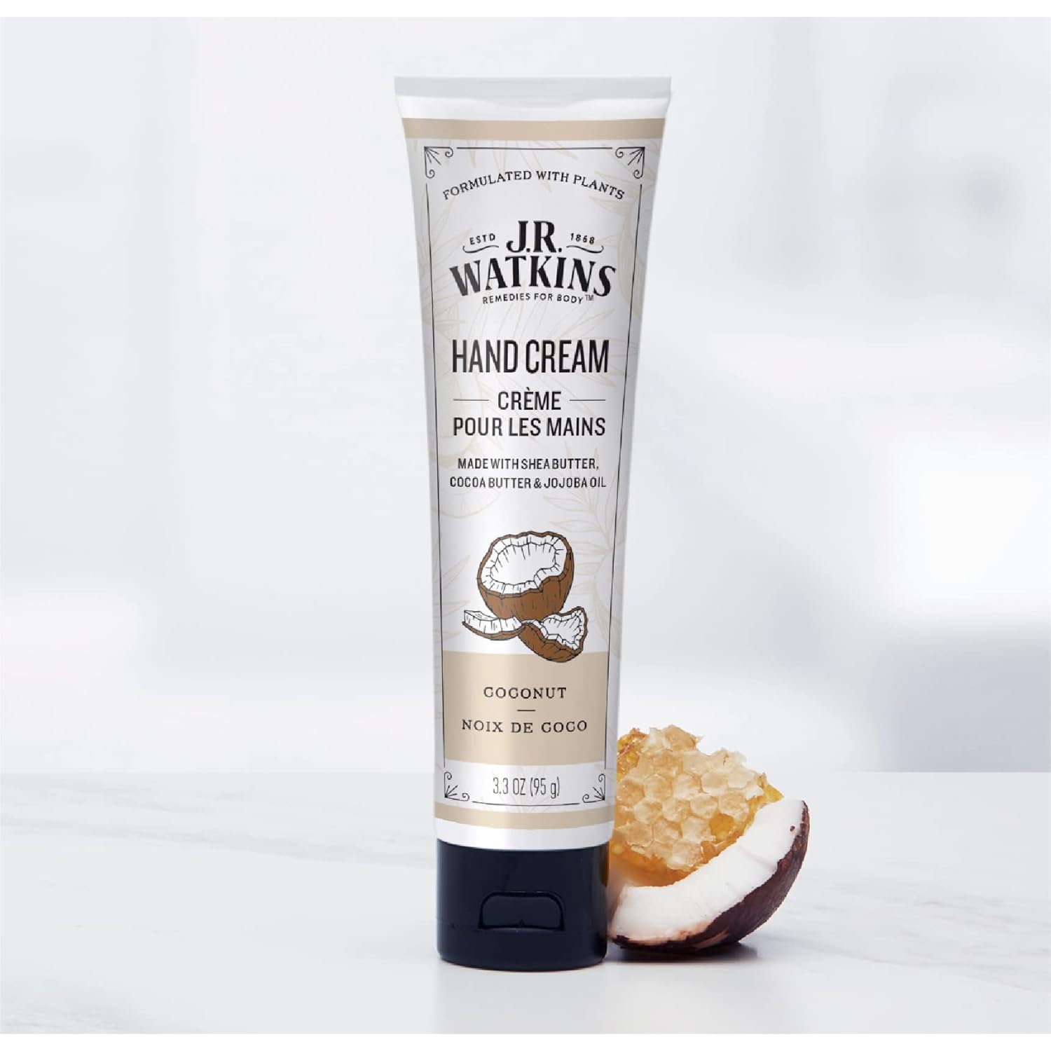 J.R. Watkins Natural Moisturizing Hand Cream, Hydrating Hand Moisturizer with Shea Butter, Cocoa Butter, and Avocado Oil, USA Made and Cruelty Free, 3.3oz, Coconut, Single