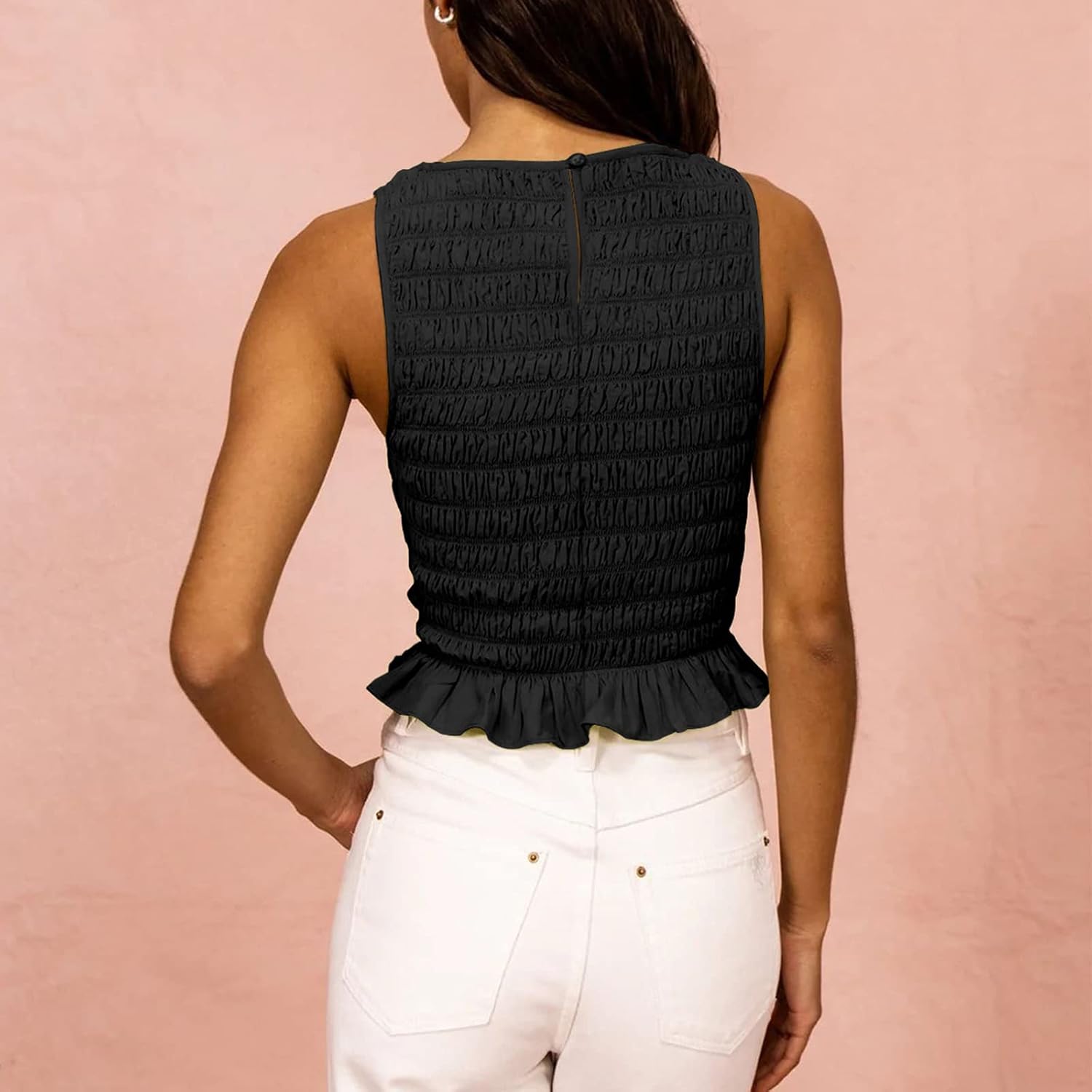 Women Shirred Tank Top Ruffle Sleeveless Tanks Frill Smocked Halter Cami Tops Summer Streetwear