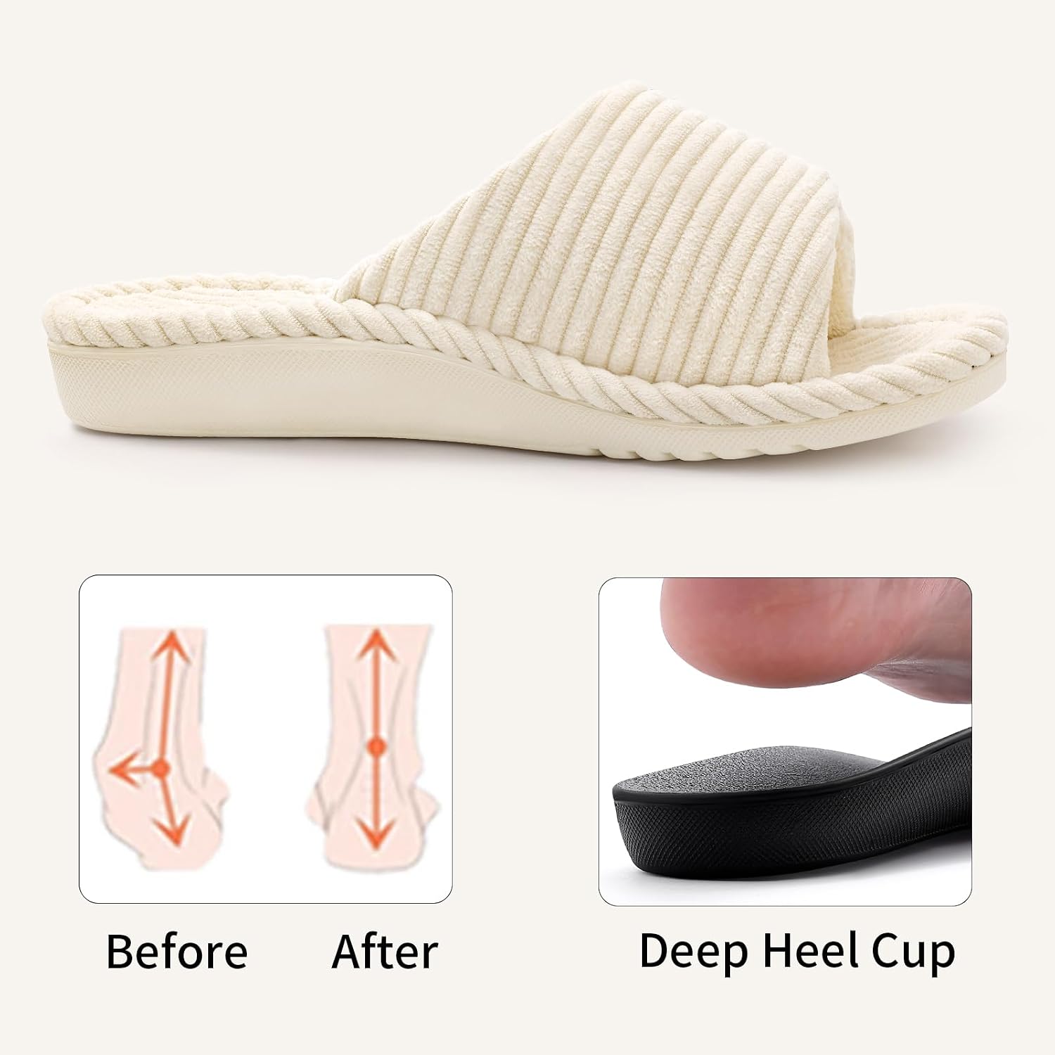 Orthopedic Slippers For Women Arch Support Indoor House Slippers Adjustable Open Toe Corduroy Bedroom Shoes With Memory Foam For Plantar Fasciitis