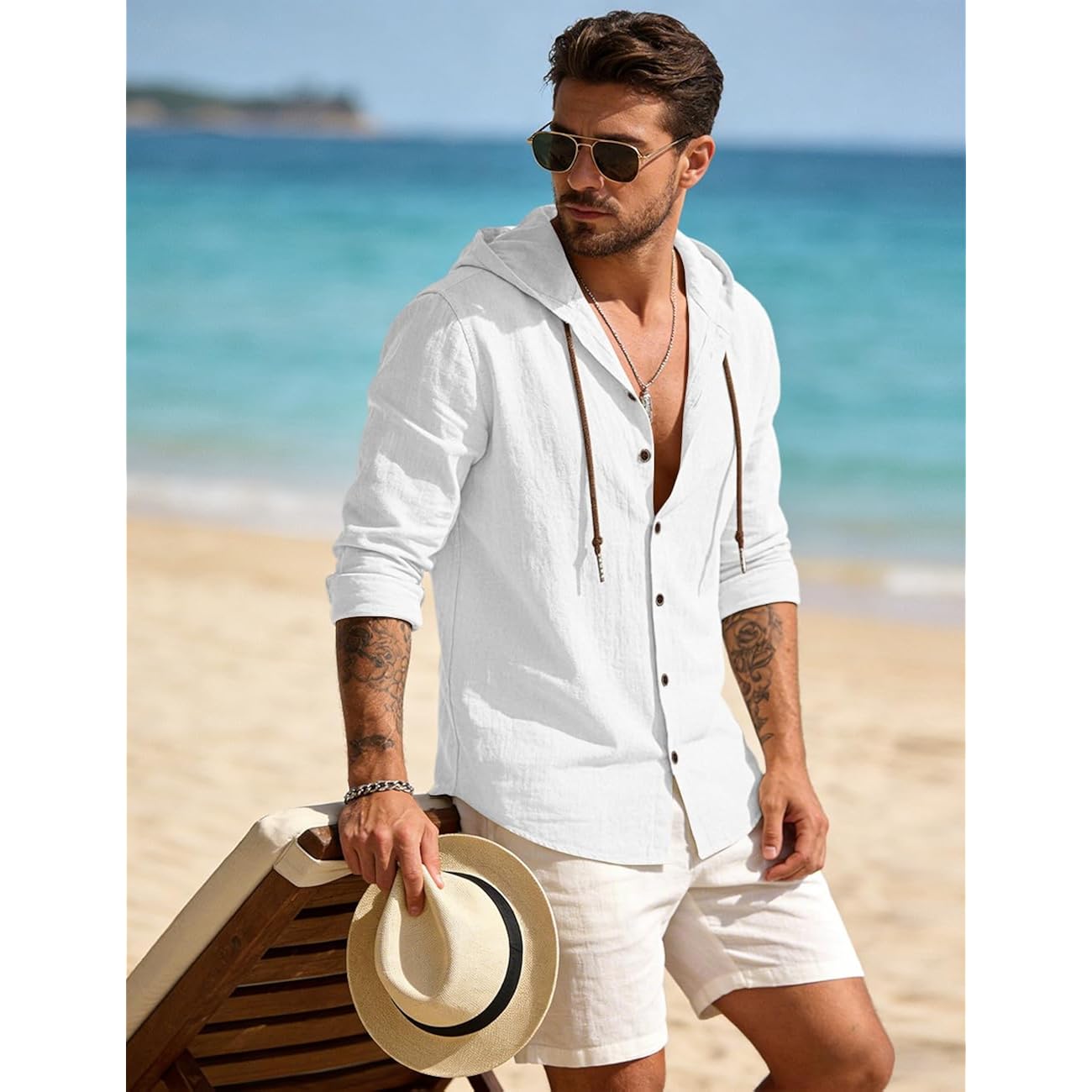 Mens Cotton Linen Button Down Hoodies Long Sleeve Casual Hoodies Hawaiian Beach Top Lightweight Fashion Shirts