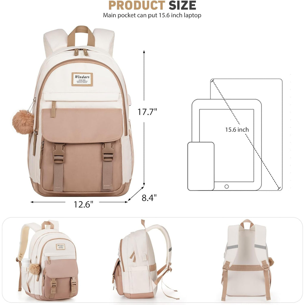 Windars School Backpack For Teen Girls, Cute College Backpacks For Women Students Aesthetic Bookbag Large 15.6 Inch Laptop Bag Middle School Travel Back Pack (Khaki Beige)