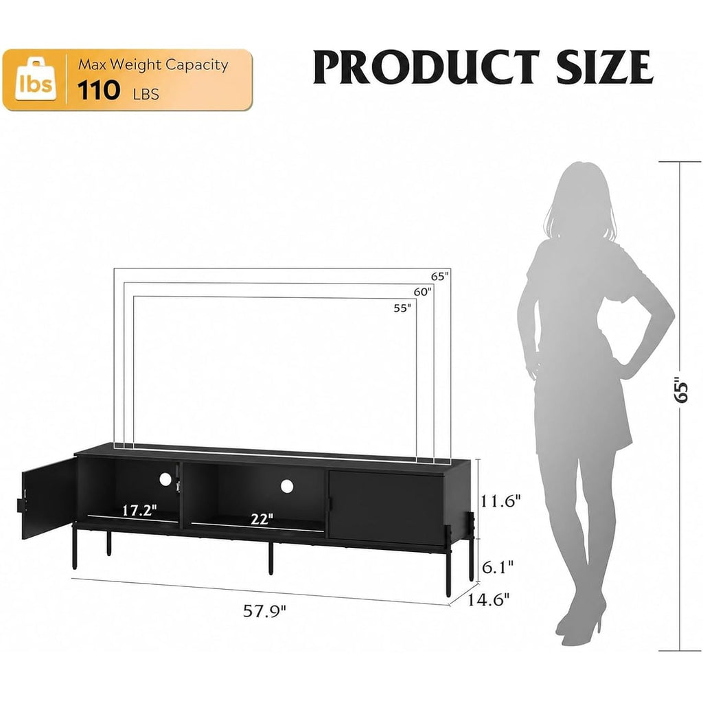 Wlive 58" Tv Stand For 65 Inch Tvs, Mid Century Modern Entertainment Center With 2 Storage Cabinets & Open Shelf, Media Console Table With Metal Legs For Living Room, Bedroom, Black