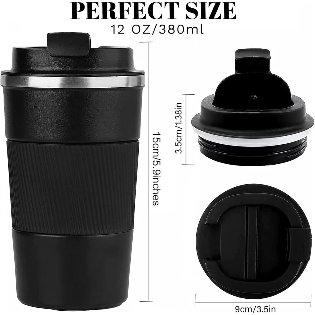 YINBAOGE Insulated Travel Coffee Mug, Spill & Leak Proof, Portable To Go Camping Stainless Steel Coffee Tumbler, Reusable Thermal Coffee Cup with Lid for Hot & Cold Drinks (Black, 12 OZ)