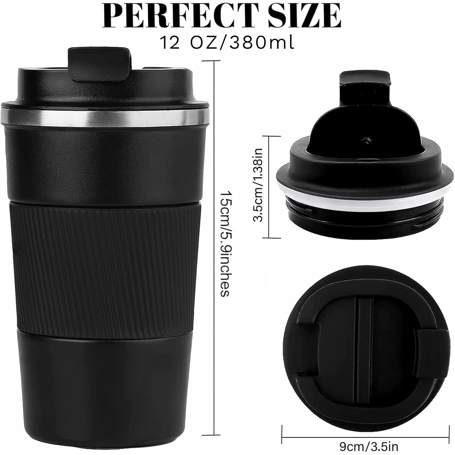 YINBAOGE Insulated Travel Coffee Mug, Spill & Leak Proof, Portable To Go Camping Stainless Steel Coffee Tumbler, Reusable Thermal Coffee Cup with Lid for Hot & Cold Drinks (Black, 12 OZ)