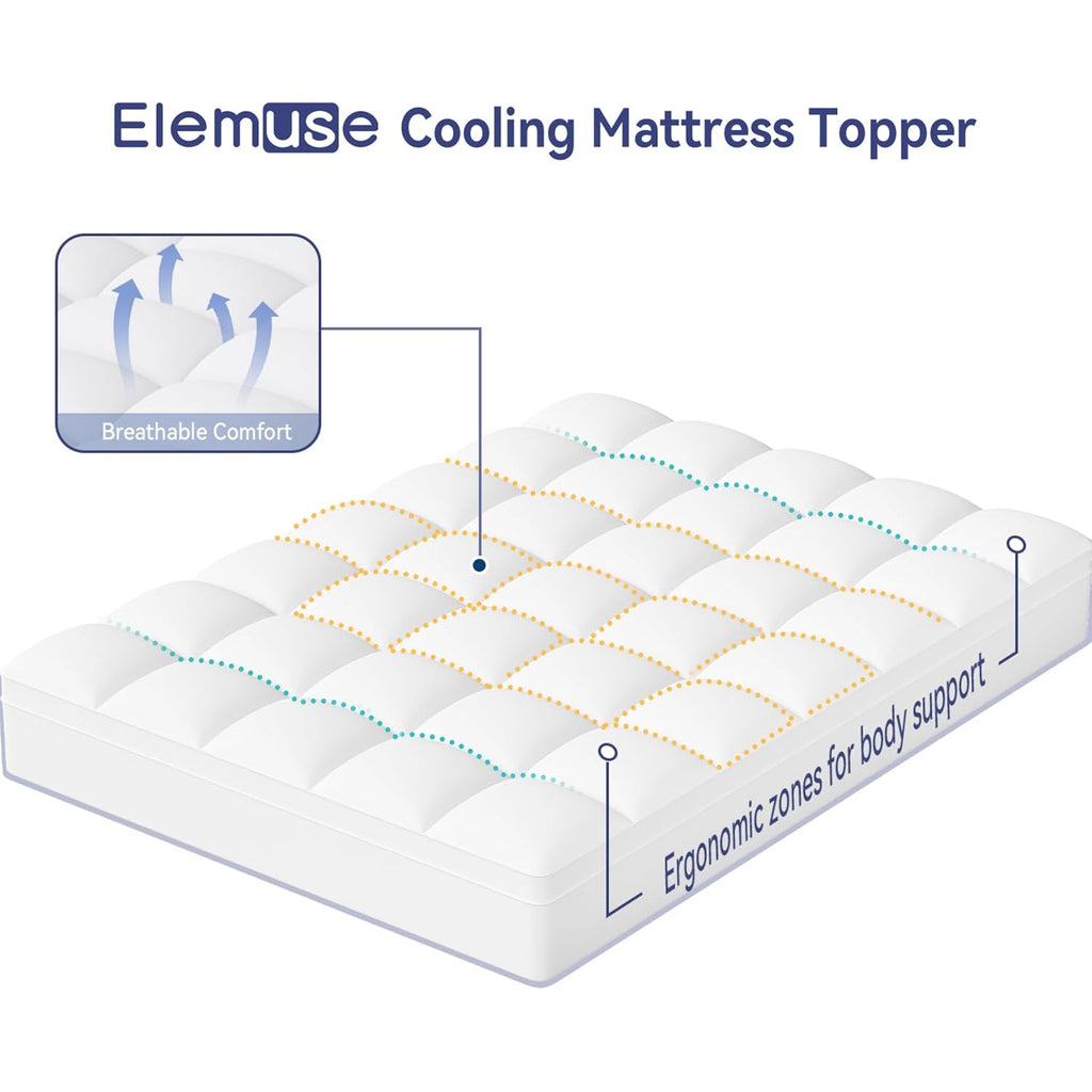ELEMUSE Queen Mattress Topper for Back Pain, Extra Thick Mattress Pad Cover, Plush Soft Pillowtop with Elastic Deep Pocket, Overfilled Down Alternative Filling