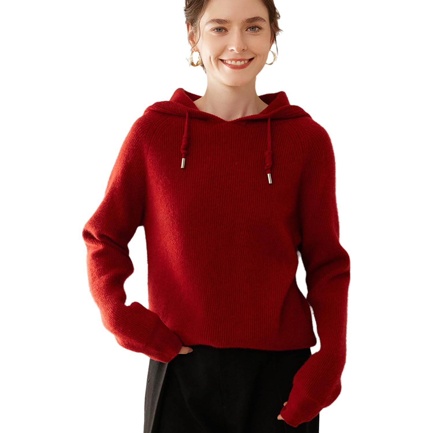 Cashmere Blend Women'S Hoodies, Knitted Drawstring Sweatshirt, Long Sleeve Pullover, Lightweight Sweater, Warm Tops