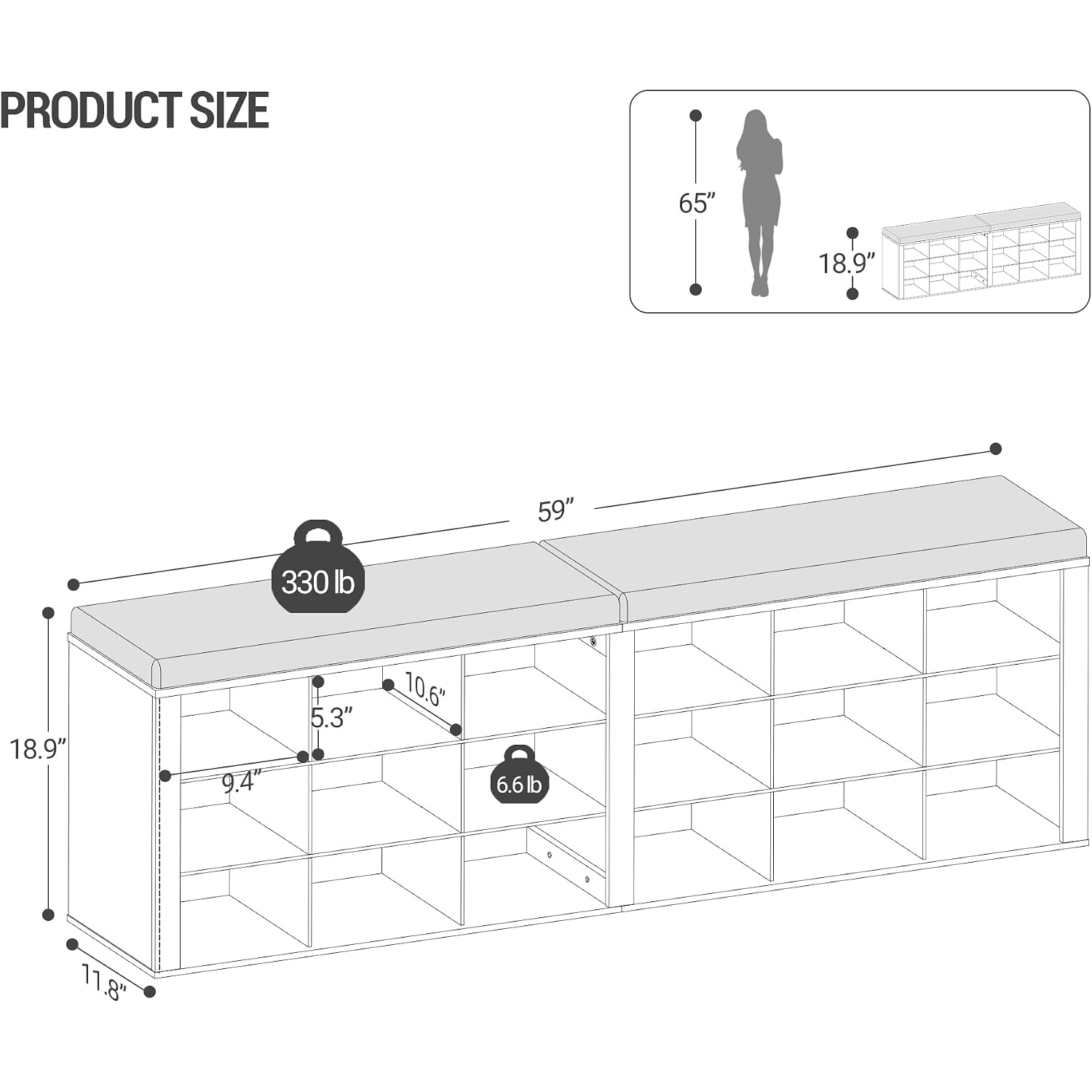 Hzuaneri Shoe Storage Bench With Cushion, Entryway Storage Bench With 18 Cubbies, 9.5" Widened Organizer Cabinet, Long Cubby Rack For Living Room, Bedroom, Entryway, White Sb25703Gy