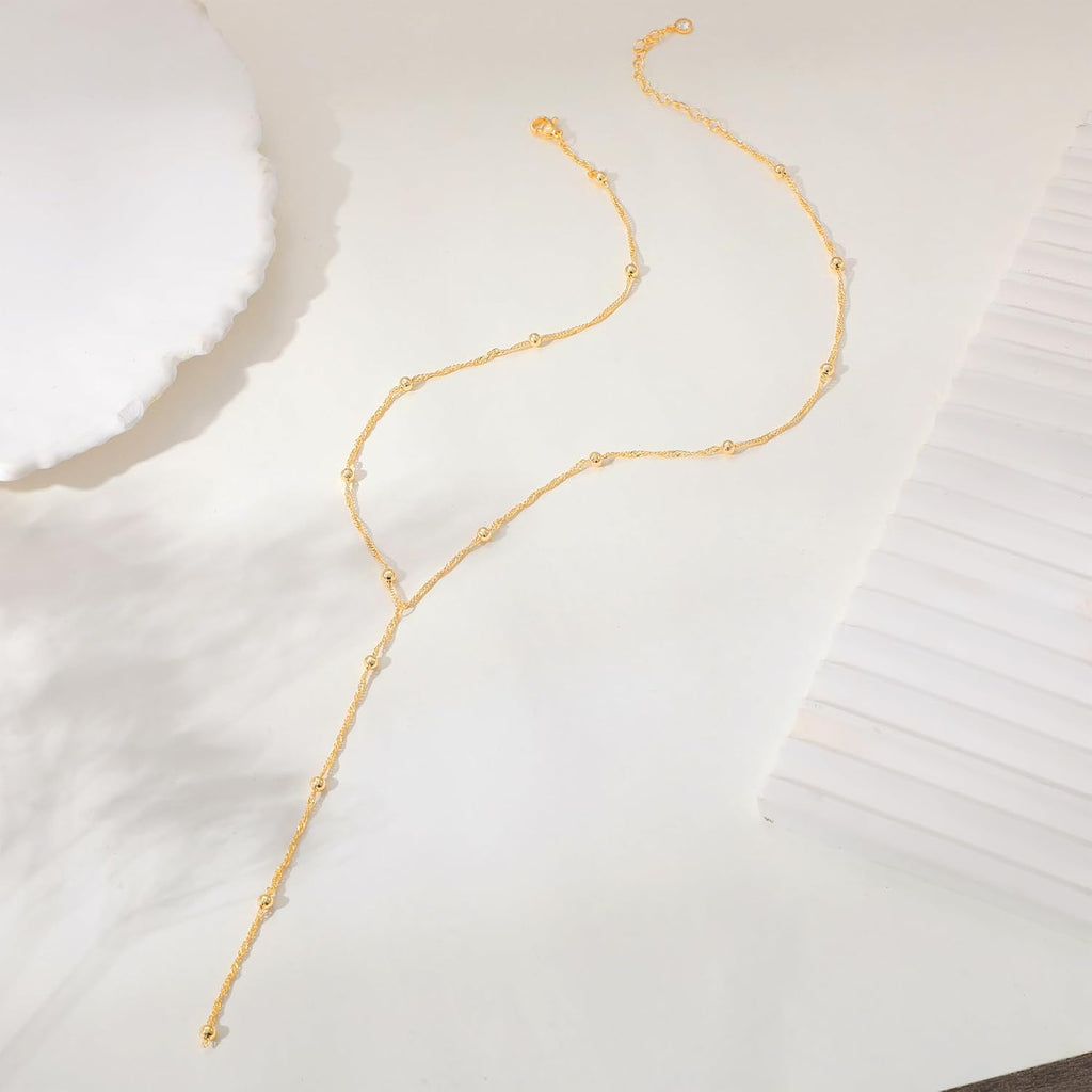 CAROVO Gold Necklace for Women Dainty Long Necklace 14K Gold/Silver Lariat Y-Shaped Pendant Necklaces Trendy Layered Lip Cubic Zirconia Beaded Chain Drop Necklaces Jewelry for Women Gifts