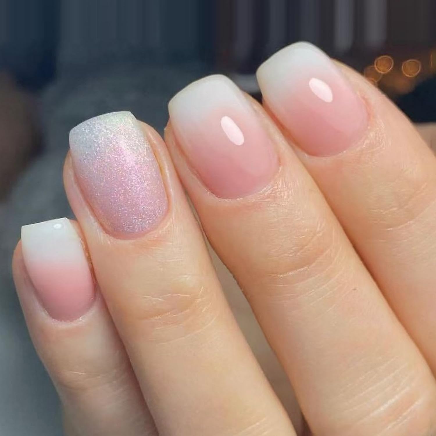24 Pcs Gradient Pink White Press on Nails Short Square Shaped False Nails with Glitter Designs Fake Nails Bling Acrylic Nails Full Cover Stick on Nails for Women Nails Manicure Decoration