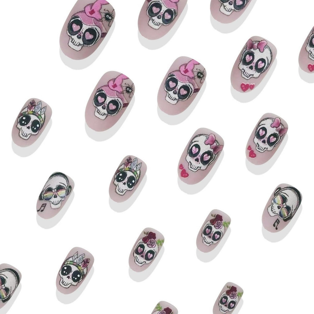 24 Pcs Halloween Press on Nails Short Almond Fake Nail with Cute Skull Flower and heart Designs Full Cover Pink Acrylic Nails Matte Halloween Stick on Nail for Women Nail Manicure Decoration