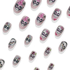 24 Pcs Halloween Press on Nails Short Almond Fake Nail with Cute Skull Flower and heart Designs Full Cover Pink Acrylic Nails Matte Halloween Stick on Nail for Women Nail Manicure Decoration