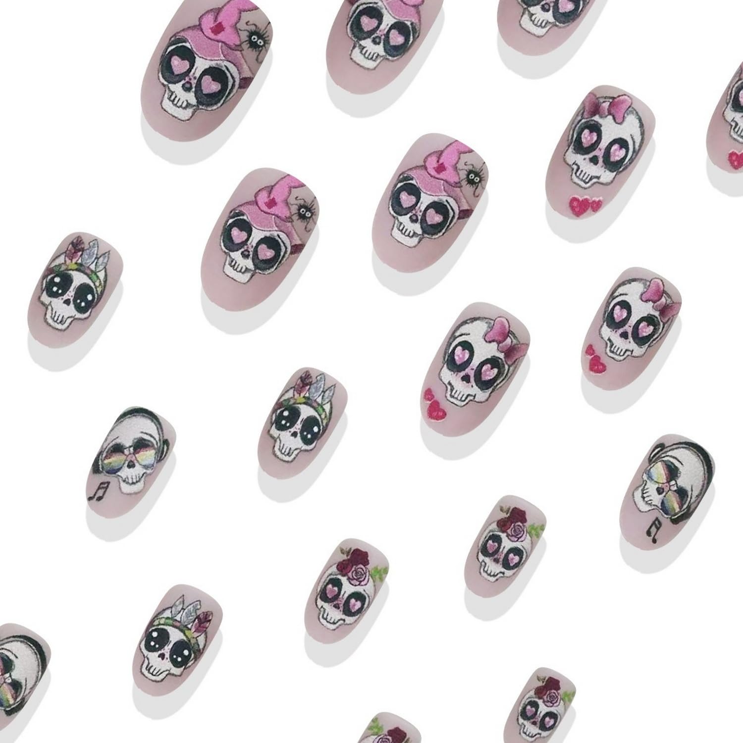 24 Pcs Halloween Press on Nails Short Almond Fake Nail with Cute Skull Flower and heart Designs Full Cover Pink Acrylic Nails Matte Halloween Stick on Nail for Women Nail Manicure Decoration