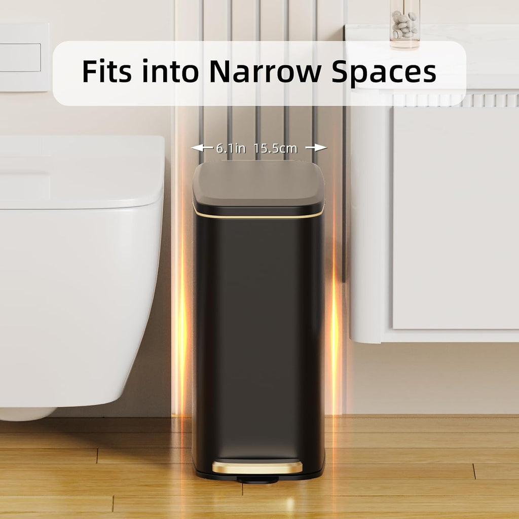 Ksskss Small Bathroom Trash Can With Lid Soft Close, Step Pedal, 6L / 1.6 Gal Stainless Steel Garbage Bin With Removable Inner Bucket, Slim Wastebasket For Narrow Spaces (Black)