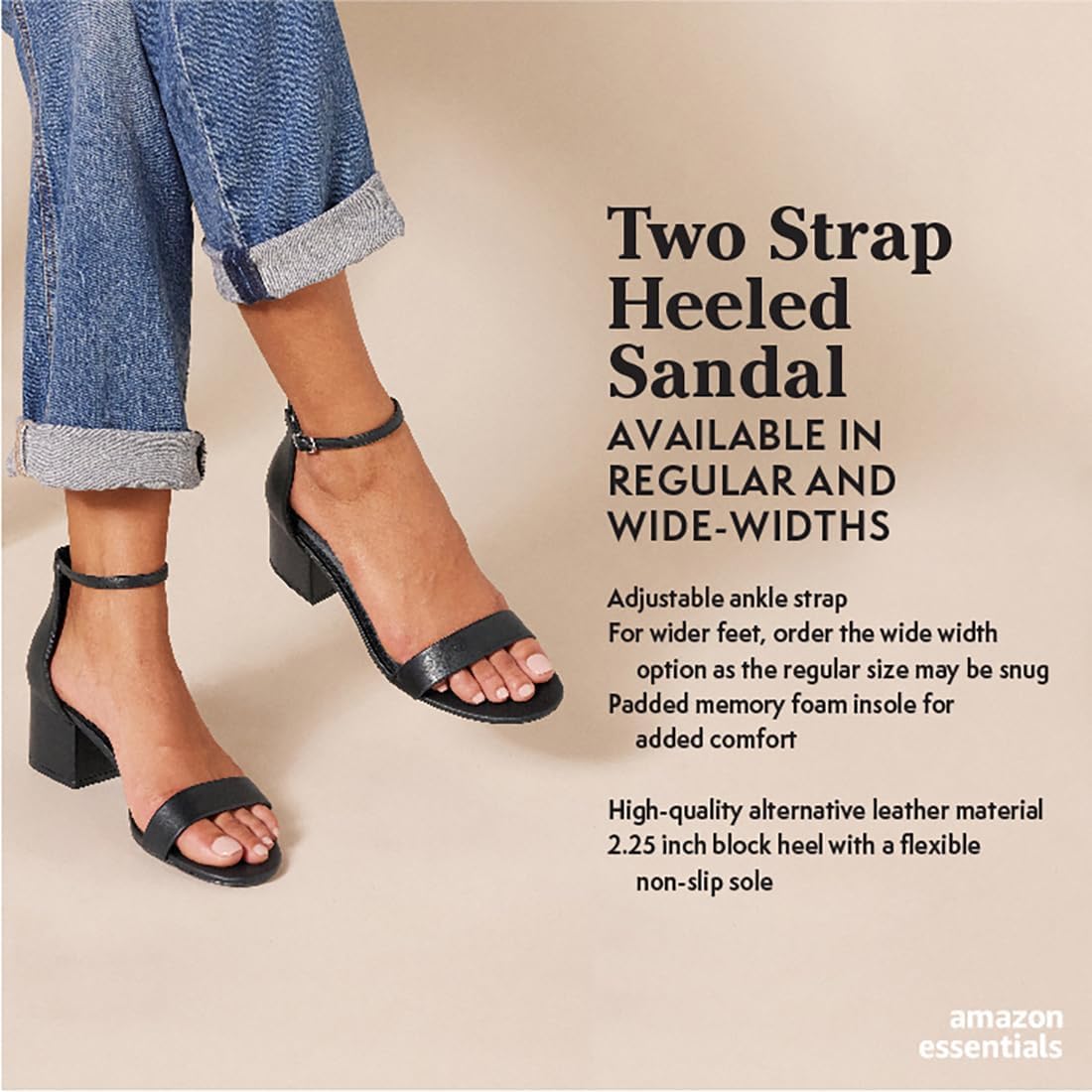 Amazon Essentials Women'S Two Strap Heeled Sandals With Adjustable Ankle Strap, Padded Memory Foam Insole