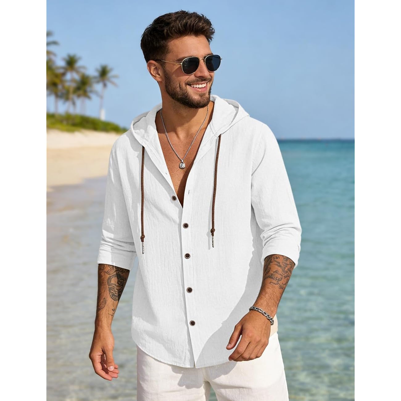 Mens Cotton Linen Button Down Hoodies Long Sleeve Casual Hoodies Hawaiian Beach Top Lightweight Fashion Shirts